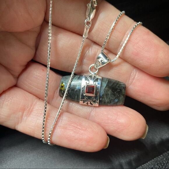 Larvikite Black Moonstone & Garnet Sterling Silver Necklace - Picture 9 of 10